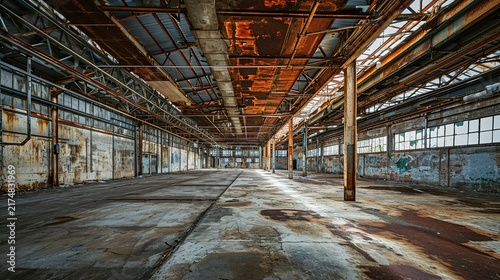 Desolate Abandoned Industrial Warehouse with Rusted Overhead Pipes and Faded Walls