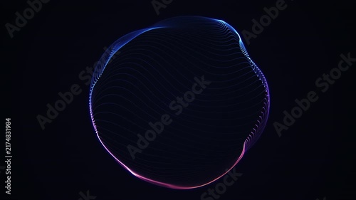 Blue and purple orbital light lines form a minimal glowing sphere on a dark background, ideal for futuristic technology, sci-fi and abstract motion design.