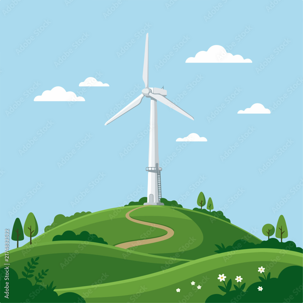 Obraz premium Scenic Windmill on Green Hillside with Renewable Energy Concept Vector