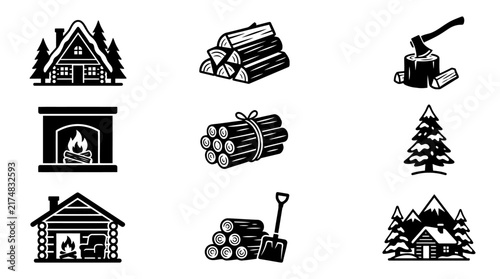 Cabin Log House Forest Icons Set.