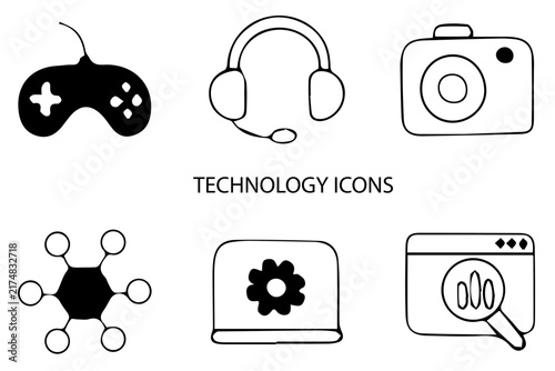 Set of 08 outline Technology Element icons. Technology Line Black and White icons set. Vector illustration.