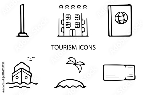 Set of 08 outline Tourism Element icons. Tourism Line Black and White icons set. Vector illustration.