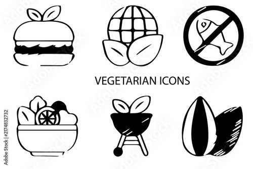 Set of 08 outline Vegetarian Element icons. Vegetarian Line Black and White icons set. Vector illustration.