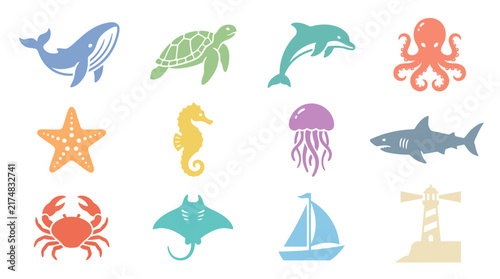 Colorful ocean sea creatures icons set.