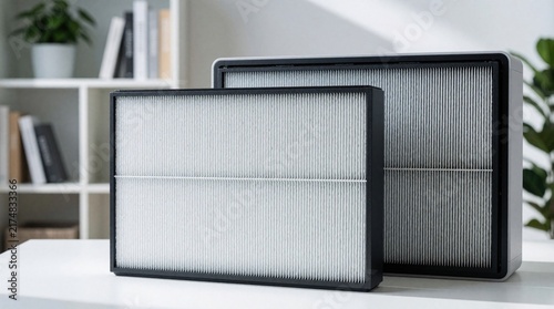 Air purifier filters sit on white table, ready for installation in modern home. Devices ensure clean indoor air quality, promoting wellness and comfort with tech.