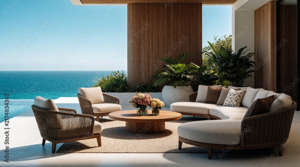 Obraz premium Luxury outdoor lounge area with modern furniture, overlooking serene ocean view. Tropical plants surround seating area, creating tranquil resort ambiance. Perfect for relaxation and upscale living.