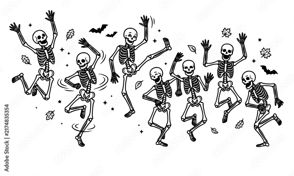 Fototapeta premium Happy dancing skeletons Halloween silhouette collection with playful poses spooky bones and festive vector illustrations isolated on white