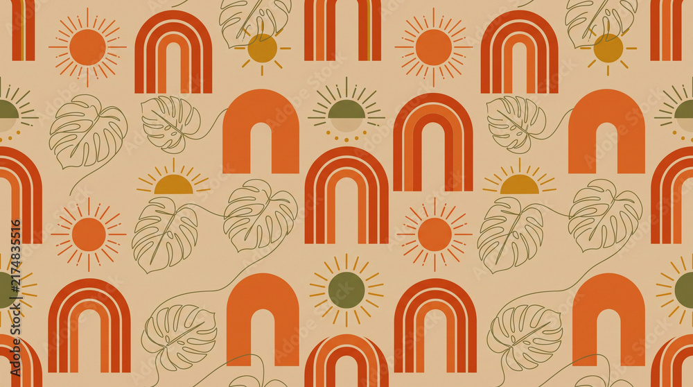 Retro bohemian seamless pattern featuring abstract suns, arches, and tropical monstera leaves