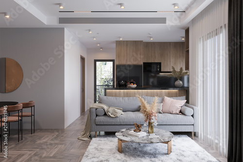 Luxurious Scandinavian Living Room with a grey sofa, a coffee table, and a kitchen in the background.