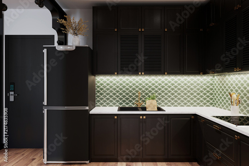 Fotografie A dark black kitchen with a sleek, modern design radiates industrial chic and elegant sophistication