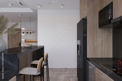 Illustration of a modern kitchen with dark cabinets, a black counter, and bar stools.