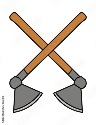 Bild auf Leinwand Illustration of two crossed axes with wooden handles on white background