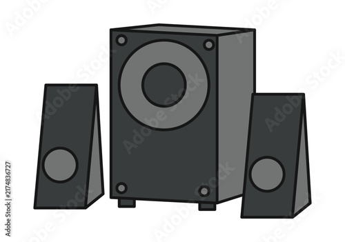 A digital illustration of a computer speaker system with a subwoofer and two satellite speakers.