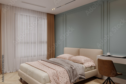 Foto An urban comfort loft-style Scandinavian bedroom featuring a double bed with a s
