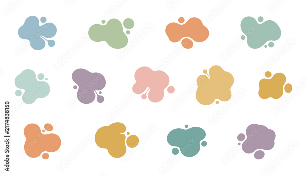 Obraz premium Set of colorful abstract liquid blob shapes and paint splashes in soft pastel colors on a clean white background.