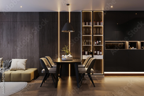 Black modern contemporary stylish dining room interior with dining table and seating chairs, as well as decorative objects.