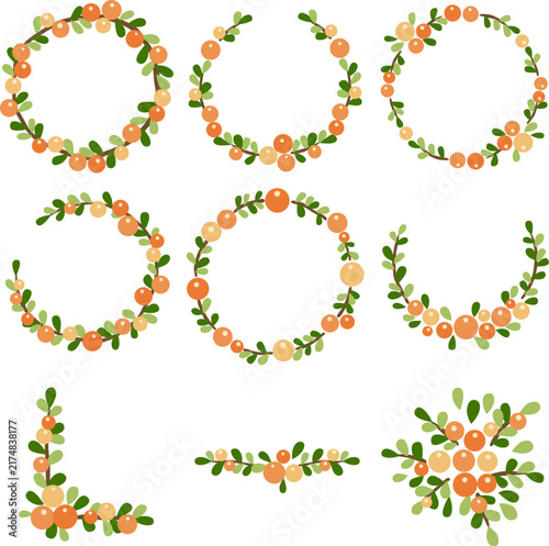 Orange Wild Berry Wreath and Garland with Green Leaves for Autumn ,Thanksgiving and Summer Seasonal .