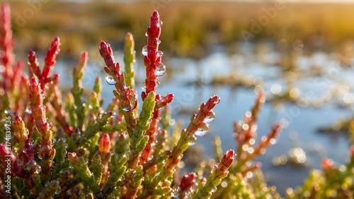 Extreme macro shot of reddish Salicornia glasswort succulent plant with glistening dew drops