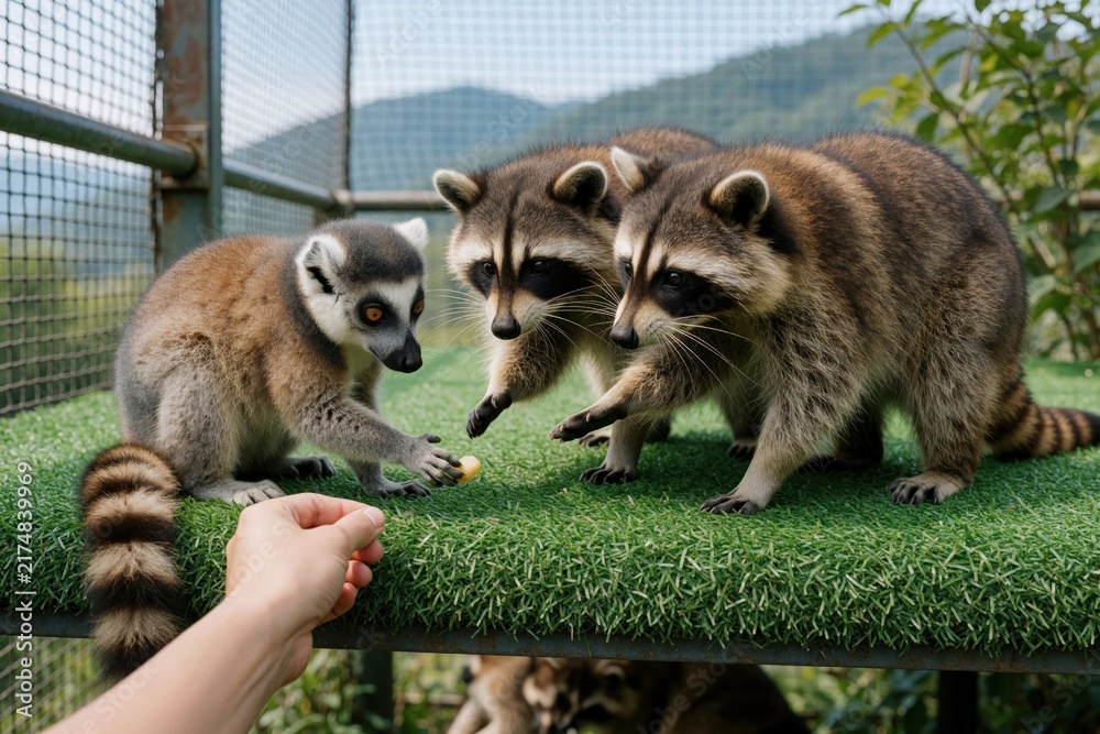 Fototapeta premium Ring tailed lemur and raccoons accept food from human hand on green platform. Animals eat together in enclosure, showing gentle interaction and trust. Curious wildlife encounter.