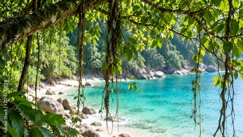 Lush tropical forest foliage and hanging vines overlooking clear turquoise ocean water and shoreline