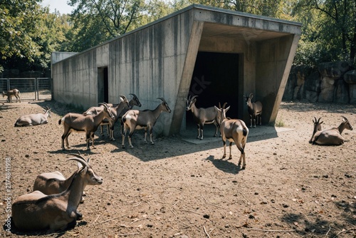 Herd of wild goats rests near modern concrete structure at zoo enclosure. Some goats stand alert, others recline on dry dirt ground, enjoying sunny day.