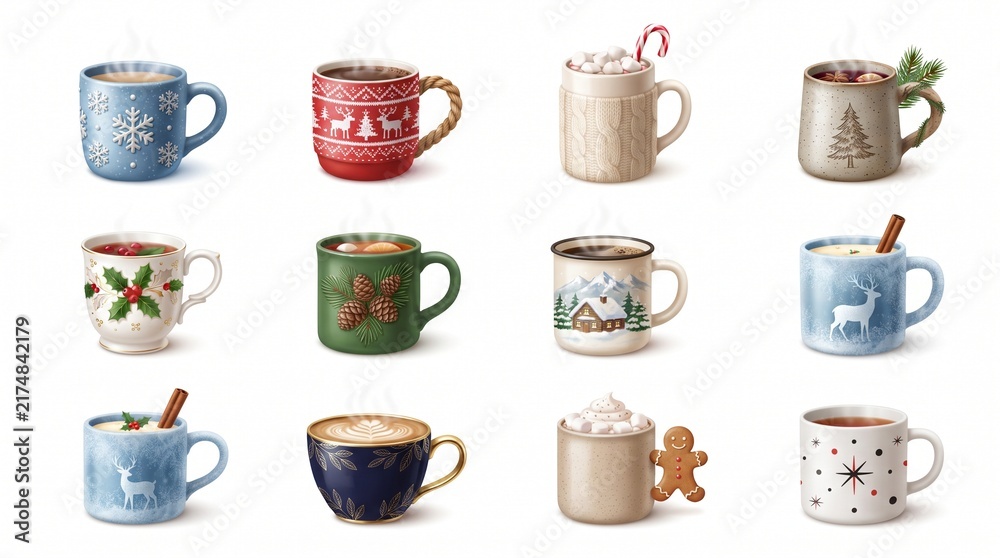 Fototapeta premium Christmas Mug Collection, Cozy Winter Holiday Coffee and Cocoa Cup Vector Set