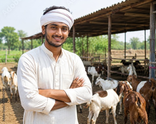 young indian farmer standing confidently at goat farm