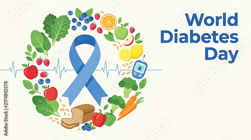 Illustration celebrating World Diabetes Day with a collection of healthy foods and a blue awareness ribbon symbolizing health