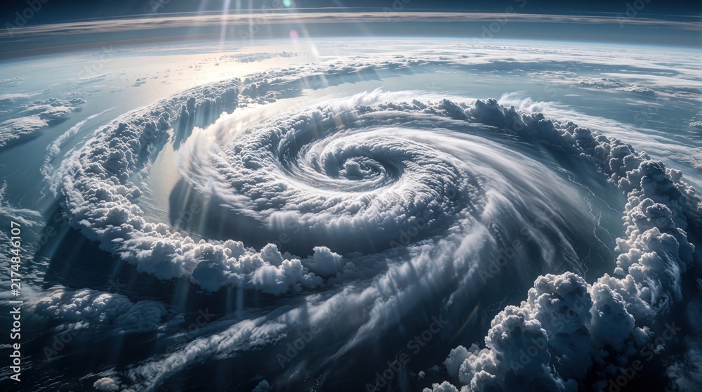 Obraz premium Massive hurricane vortex spins over dark ocean. White clouds swirl in vast storm system. Sun rays pierce atmosphere, showing immense weather power.