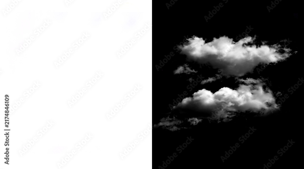 Naklejka premium Realistic white clouds on black background, fluffy cumulus cloud overlay for photo editing, isolated atmospheric vapor elements