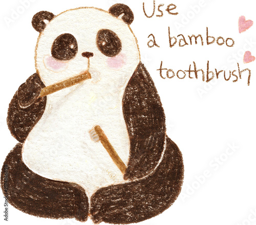 Fotografía Cute panda with bamboo toothbrush and text quote, zero waste colored pencil illu