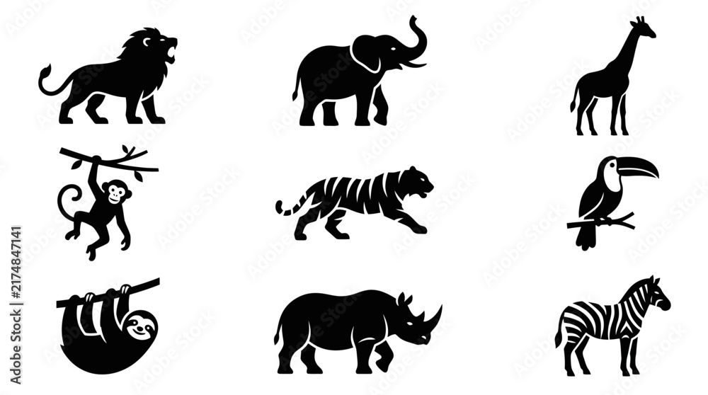 Obraz premium Black safari animal silhouettes set on white background.