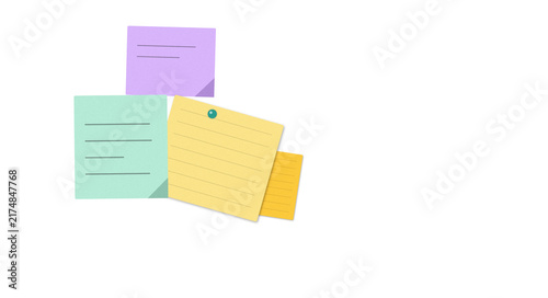 Flat filled sticky notes with thumbtack illustration for office organization