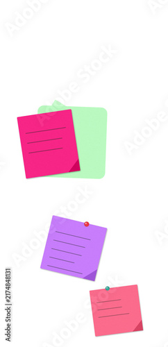 Flat filled sticky notes with thumbtacks and paperclip illustration