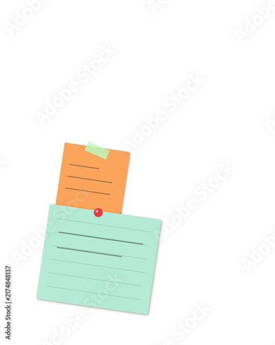 Flat filled sticky notes with thumbtack office organization illustration