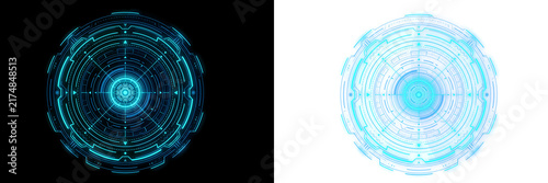 Glowing cyan sci-fi hologram radar and cybernetic target overlay isolated