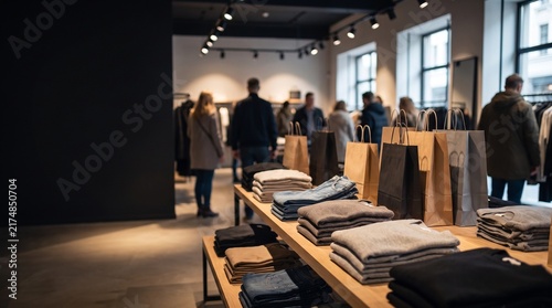 Luxury Fashion Boutique Interior with Folded Clothes and Paper Bags