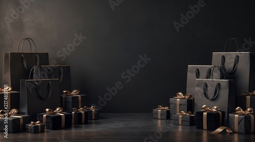 Luxury Black and Gold Gift Boxes with Shopping Bags Mockup