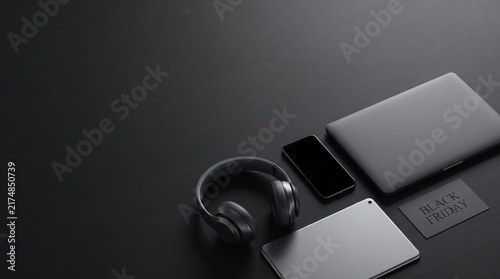 Black Friday Tech Deals Modern Gadgets Mockup on Dark Wooden Desk