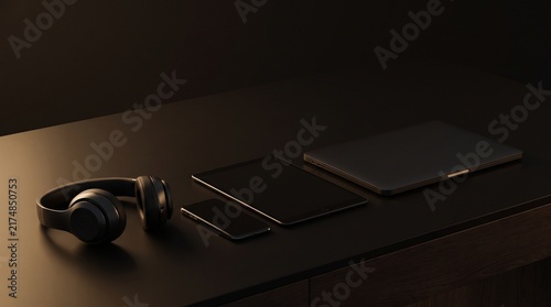 Sleek Black Tech Devices Mockup on Dark Table in Warm Lighting