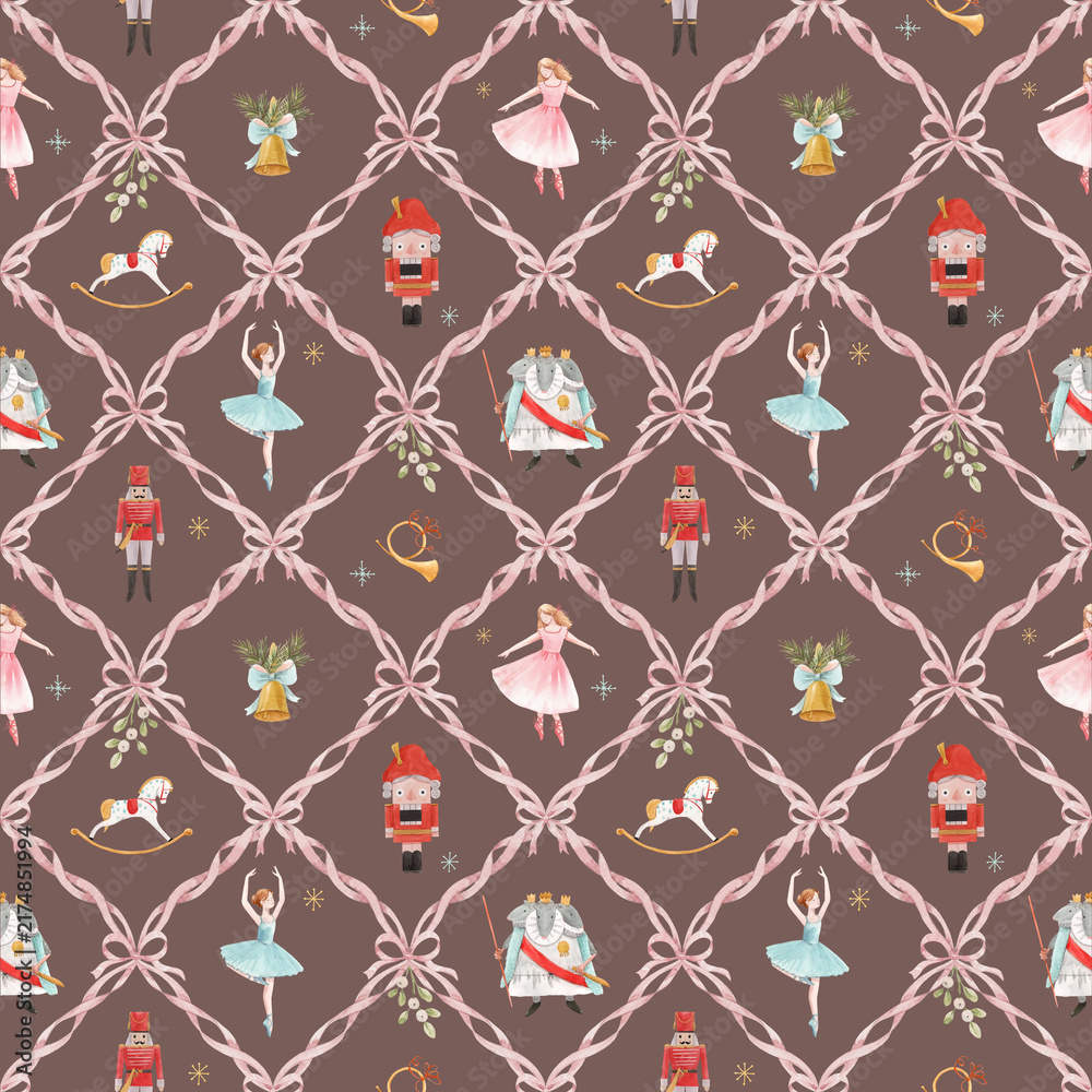 Naklejka premium Christmas Nutcracker Ballet Watercolor Pattern with Ballerina, Toy Soldier and Rocking Horse