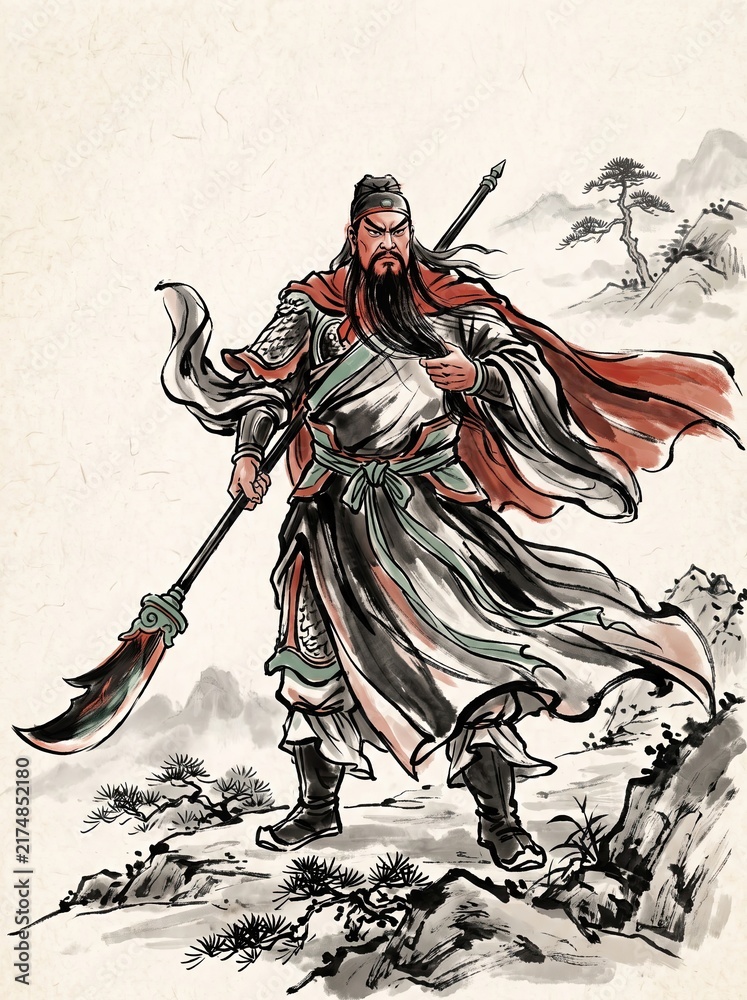 Obraz premium Guan Yu Legendary Chinese Warrior Holding Crescent Guandao in Expressive Traditional Xieyi Ink Wash Illustration with Flowing Robes and Powerful Brushwork