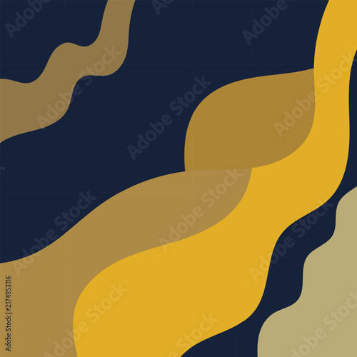 Abstract background with wavy organic shapes in navy blue and mustard yellow, minimalist fluid liquid curves, modern artistic design for banners, social media, vector illustration