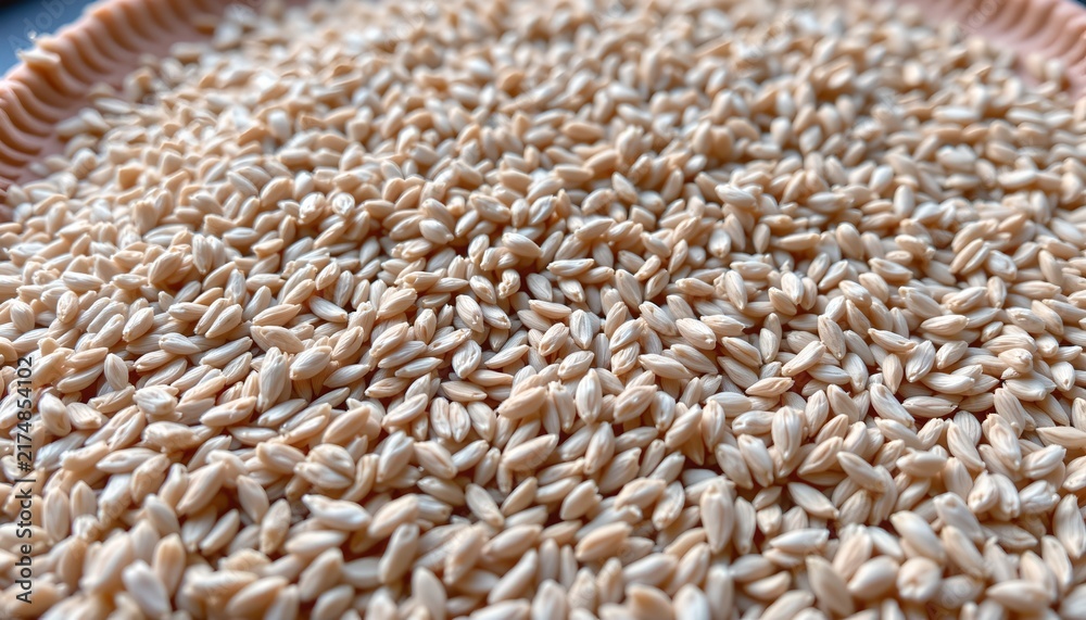Obraz premium The image shows a large, shallow container filled with a generous amount of dried grains. The grains are light beige in color, uniformly shaped, and have a slightly pointed, elongated form