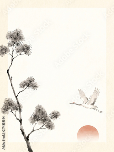 소나무 가지와 학 수묵 배경 / Ink Background with Pine Branch and Crane