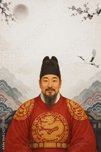 산수와 학 배경의 세종대왕 초상 / Portrait of King Sejong with Mountain and Crane Background