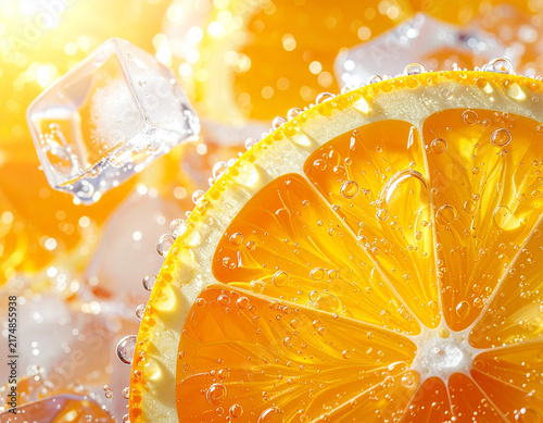 Macro orange slice with bubbles and ice in golden sunlight