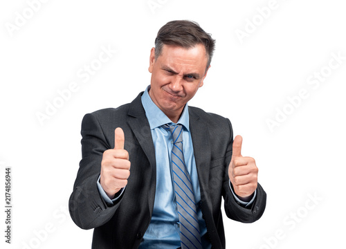 Confident businessman in suit and tie giving two thumbs up, signaling success, approval, confidence and satisfaction. Isolated on transparent for business marketing and corporate sales.