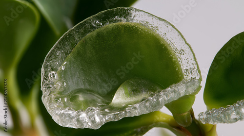 Frozen leaf with ice and bubbles
