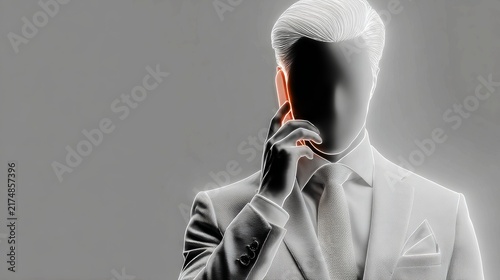 This is a high-contrast negative-effect portrait of a formally dressed man, with a faceless dark silhouette, holding a phone to his ear, set against a plain neutral background.


